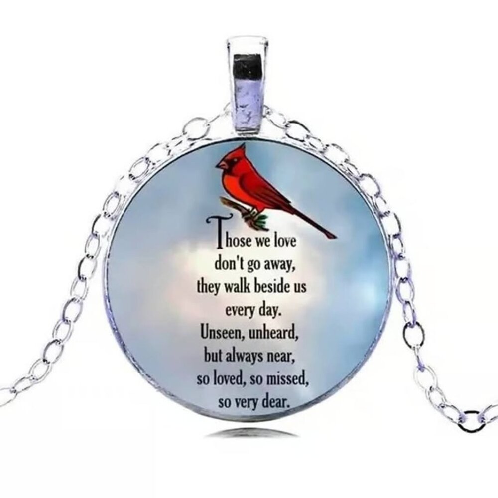 Silver Memorial CARDINAL Glass Cabochon Pendant Necklace